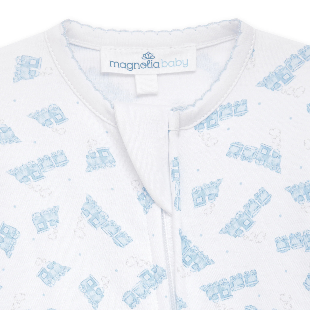 Choo Choo Train Light Blue Print Zip Footie