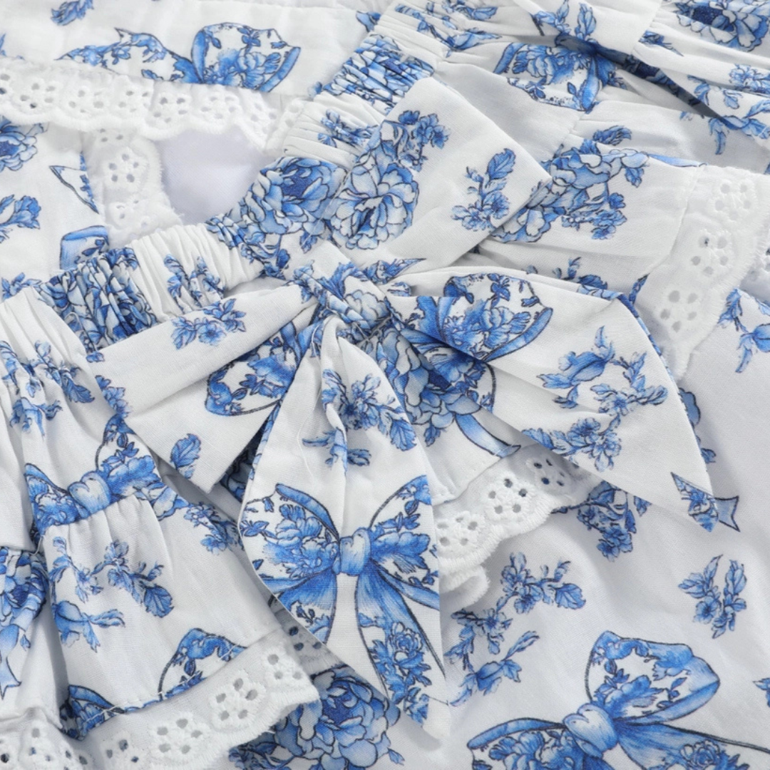 Blue and White Print Apron Ruffle Romper