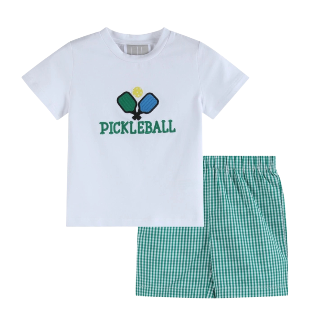 Pickleball T-Shirt and Green Gingham Shorts Set