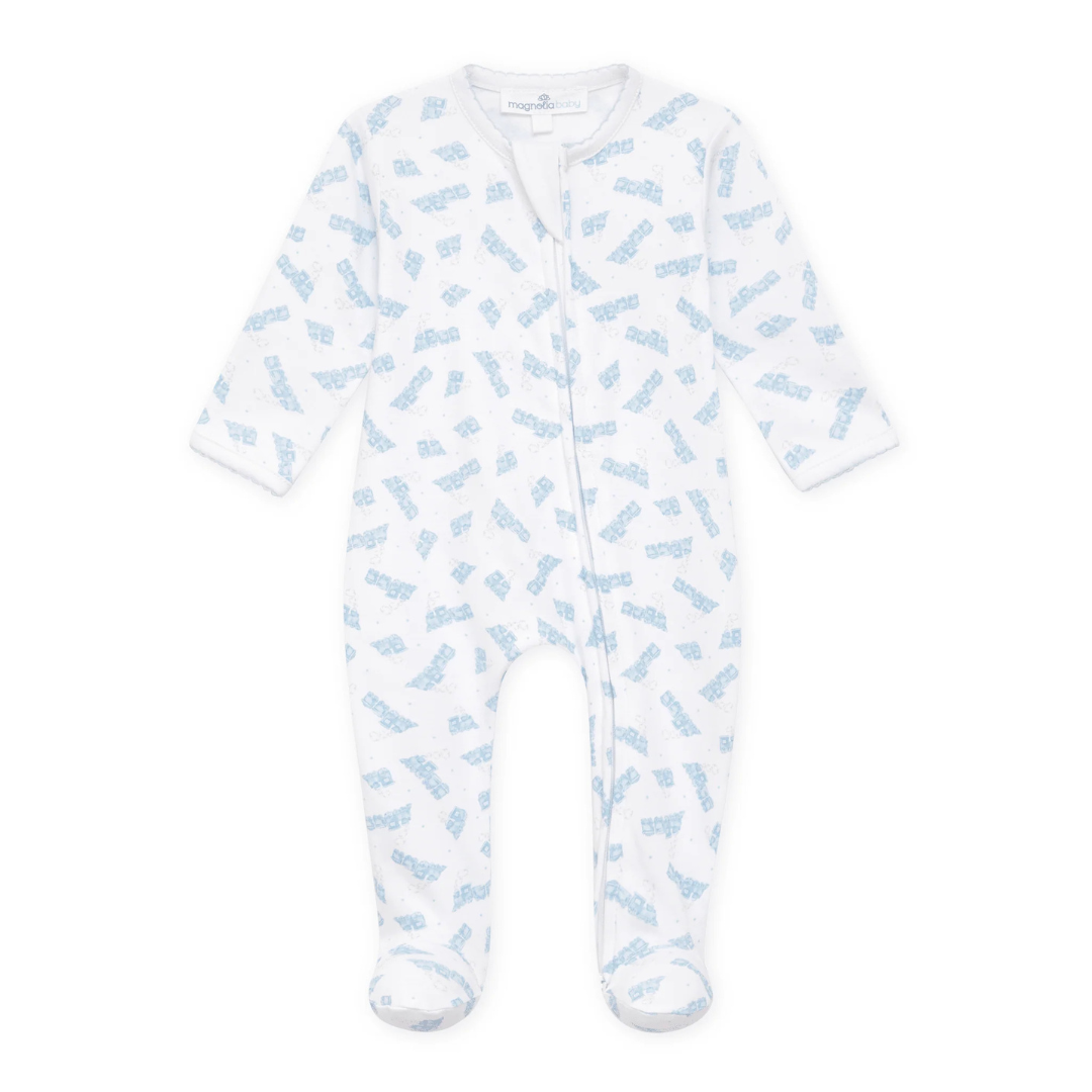 Choo Choo Train Light Blue Print Zip Footie