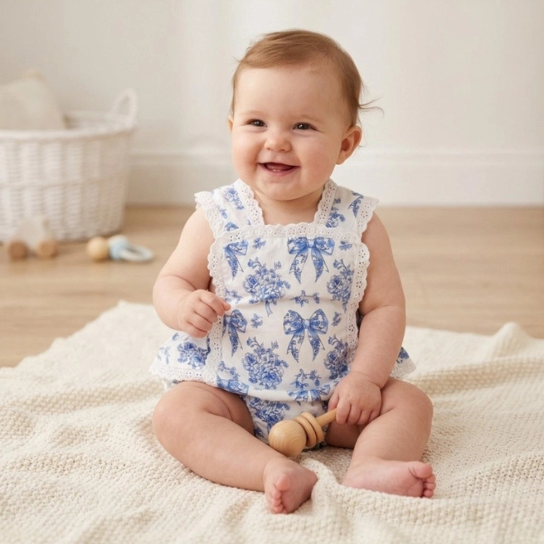 Blue and White Print Apron Ruffle Romper