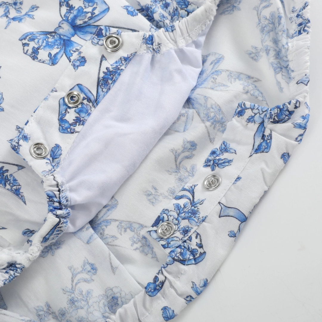 Blue and White Print Apron Ruffle Romper