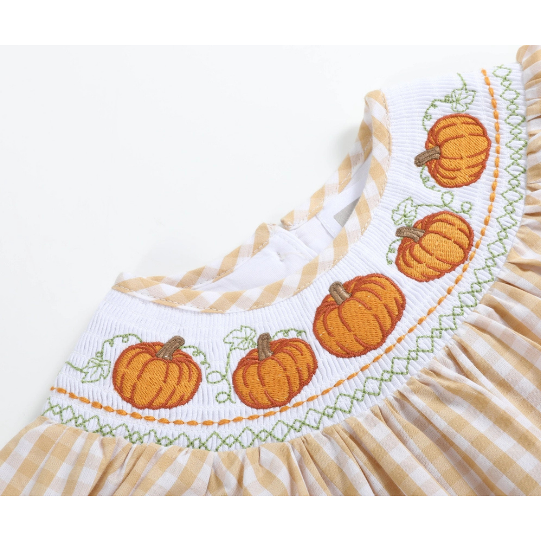 Light Brown Gingham Pumpkin Vine Dress and Bloomer Set