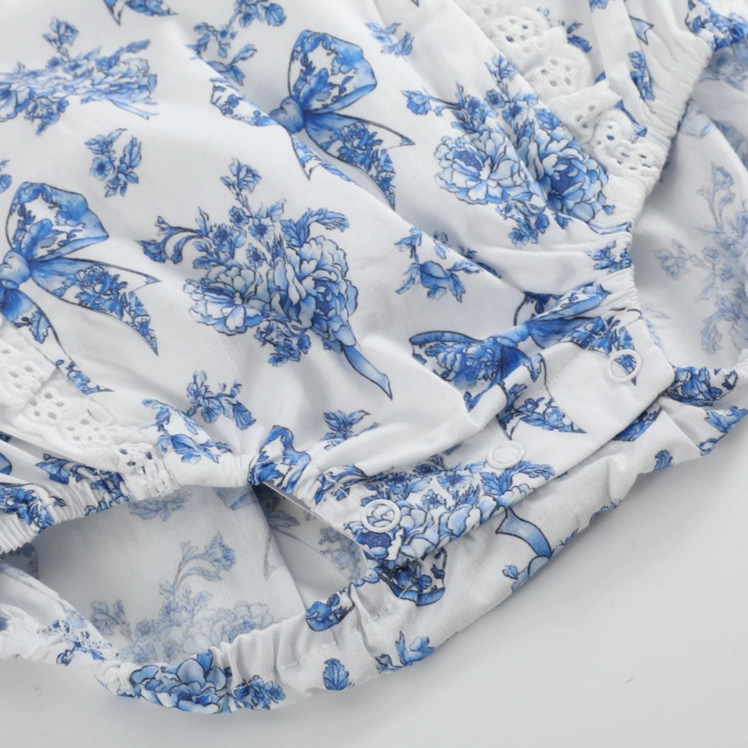 Blue and White Print Apron Ruffle Romper