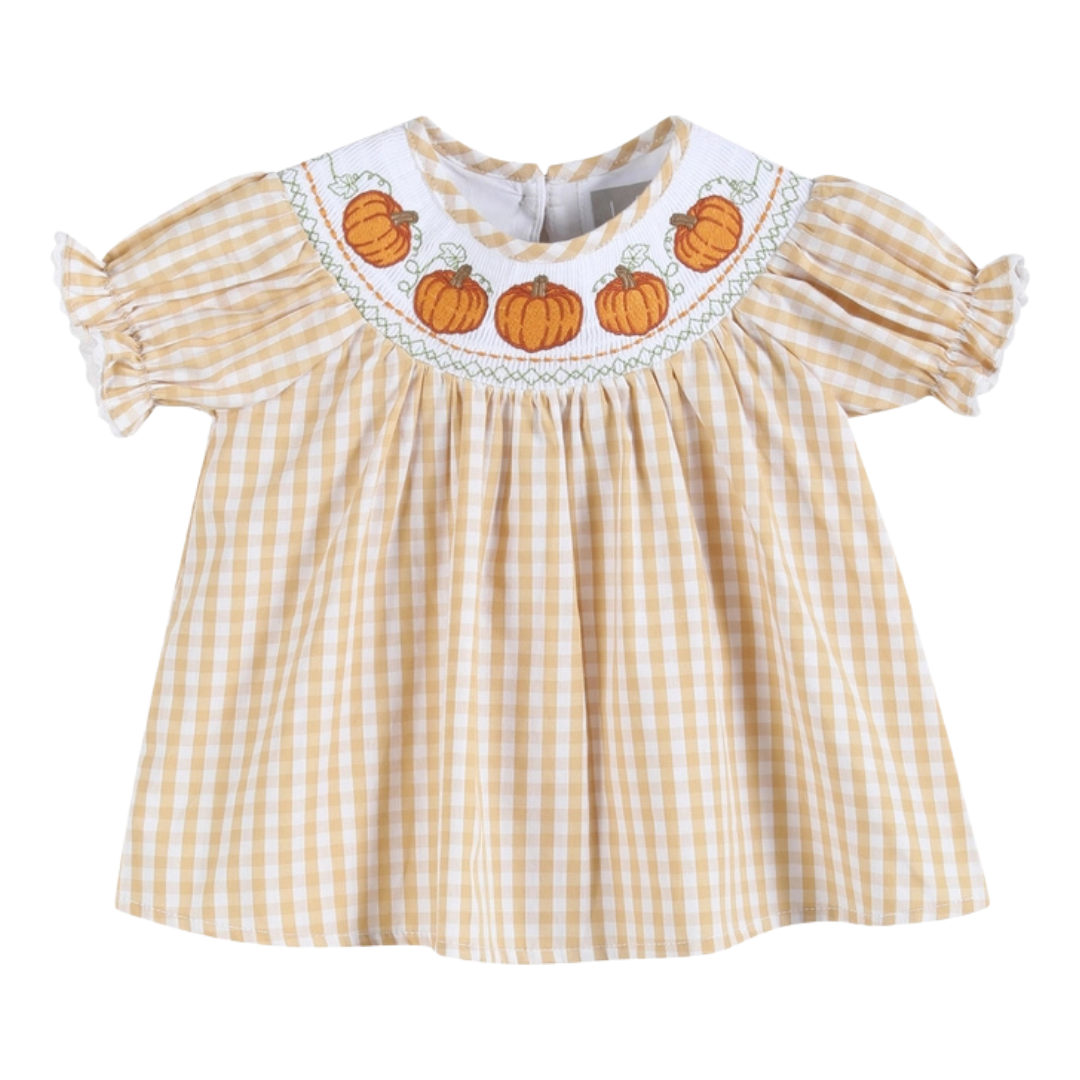 Light Brown Gingham Pumpkin Vine Dress and Bloomer Set