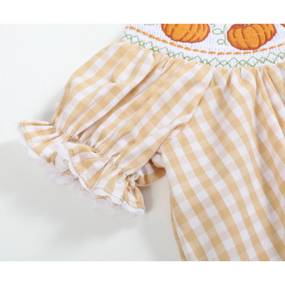 Light Brown Gingham Pumpkin Vine Dress and Bloomer Set