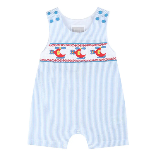 Blue Seersucker Helicopter Smocked Shortalls