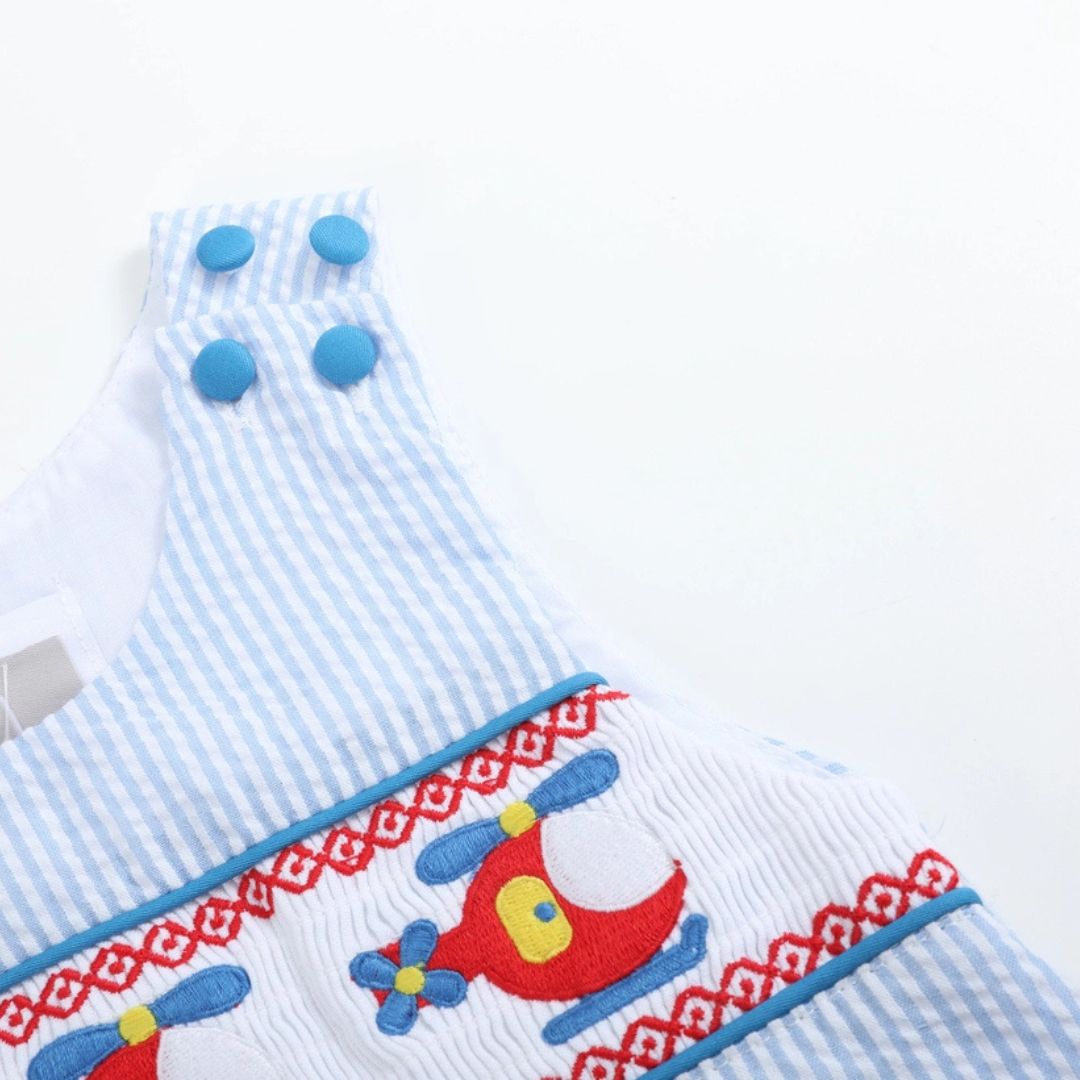 Blue Seersucker Helicopter Smocked Shortalls