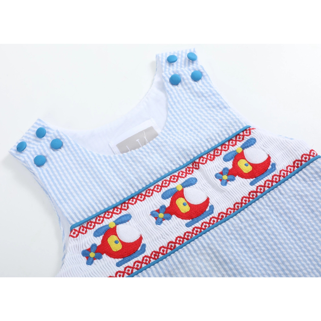Blue Seersucker Helicopter Smocked Shortalls