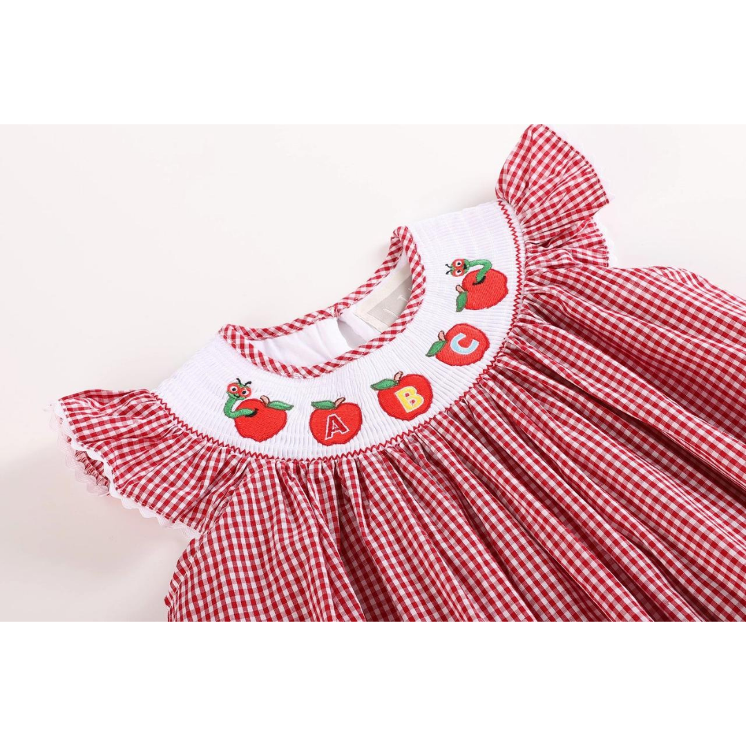 Red Gingham ABC Apple Smocked Bishop Dress