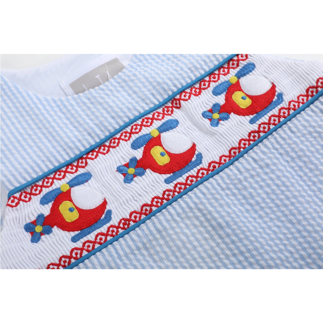 Blue Seersucker Helicopter Smocked Shortalls