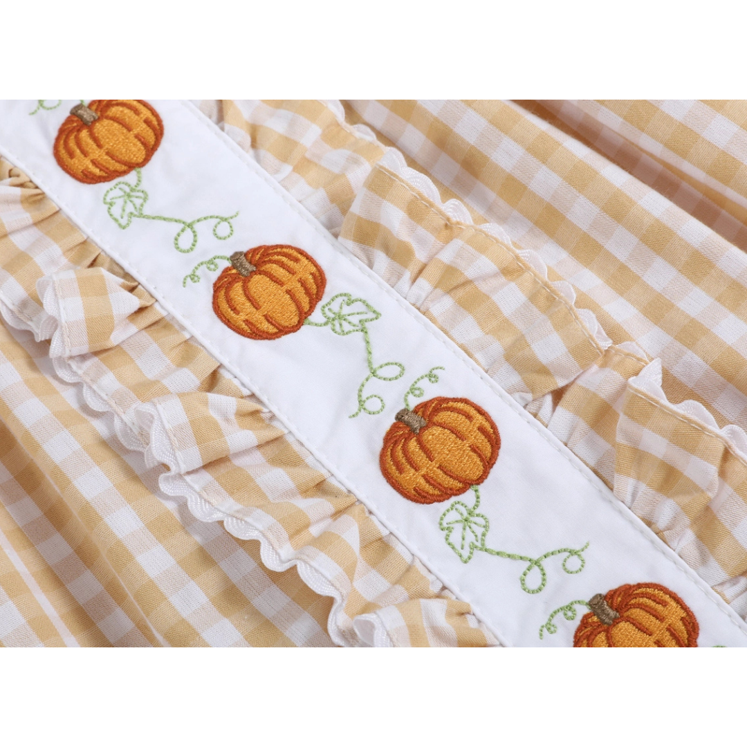 Light Brown Gingham Pumpkin Vine Ruffle Dress