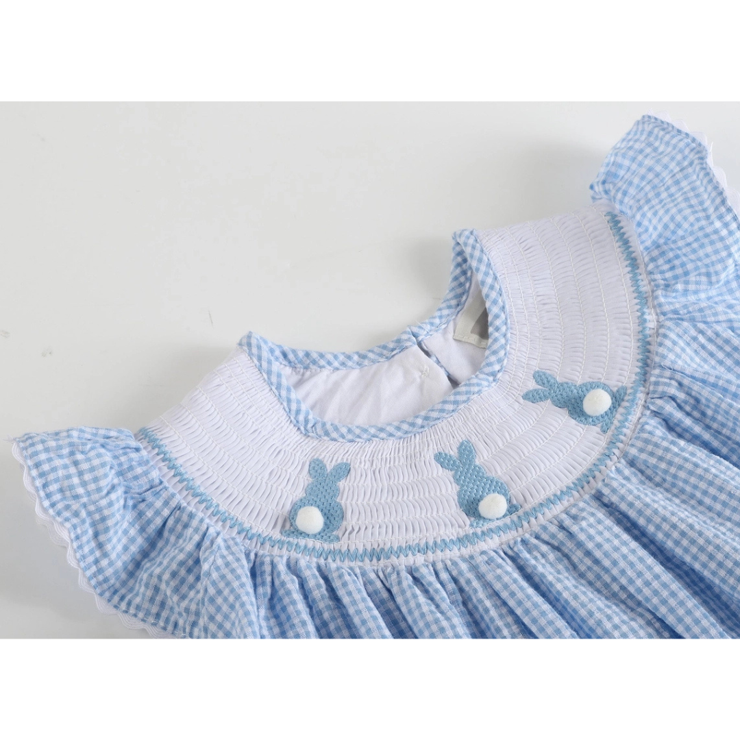 Blue Gingham Bunny Smocked Bishop Dress