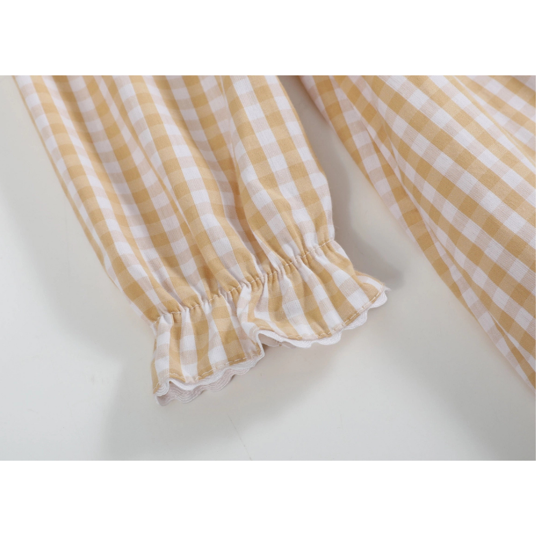 Light Brown Gingham Pumpkin Vine Ruffle Dress