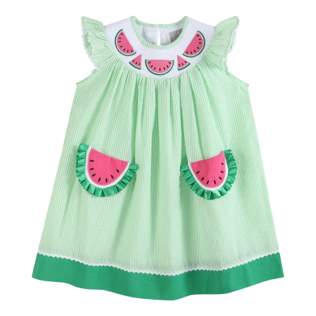 Green Seersucker Watermelon Smocked Bishop Dress  Little Grasshoppers