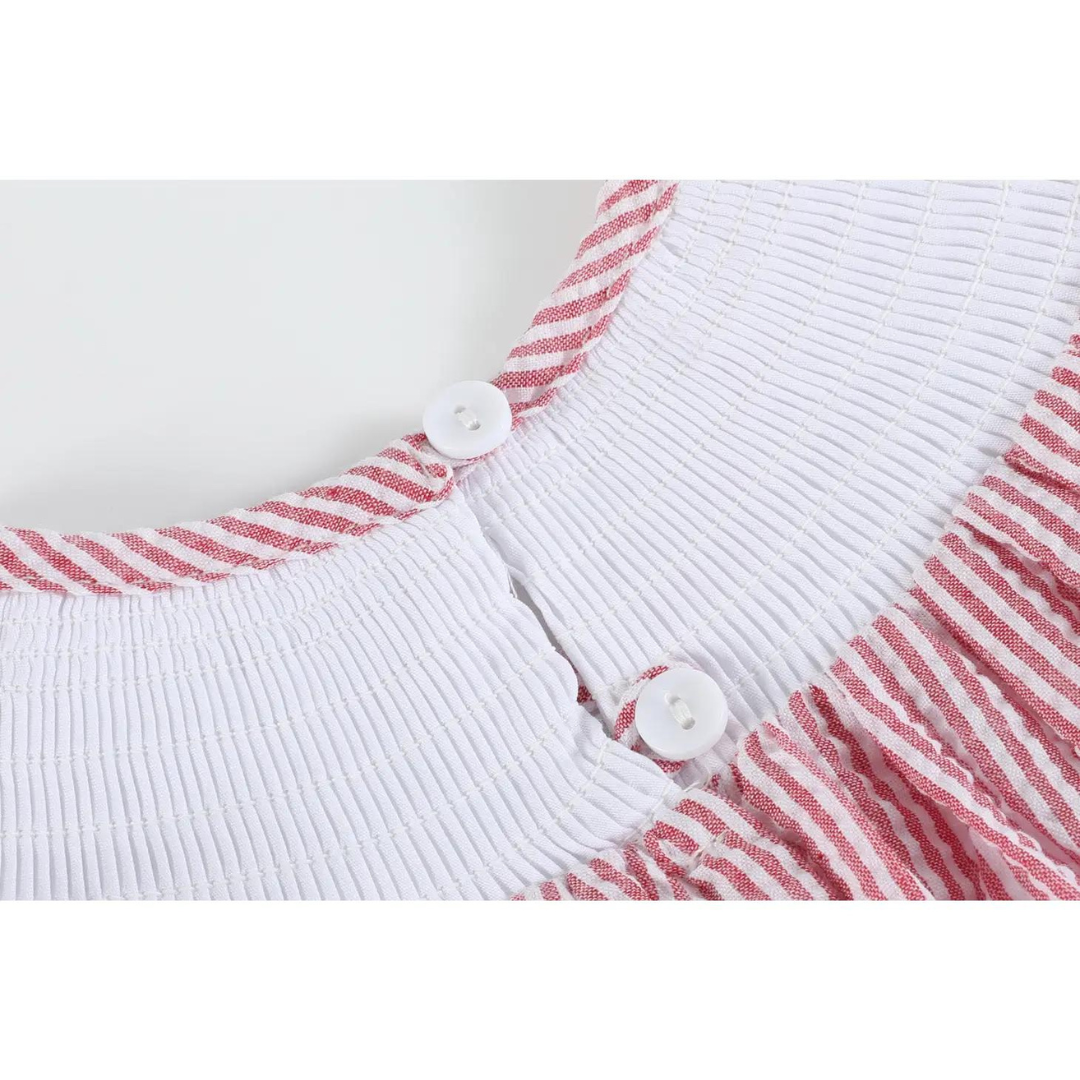 Red Seersucker Strawberry Smocked Bishop Dress