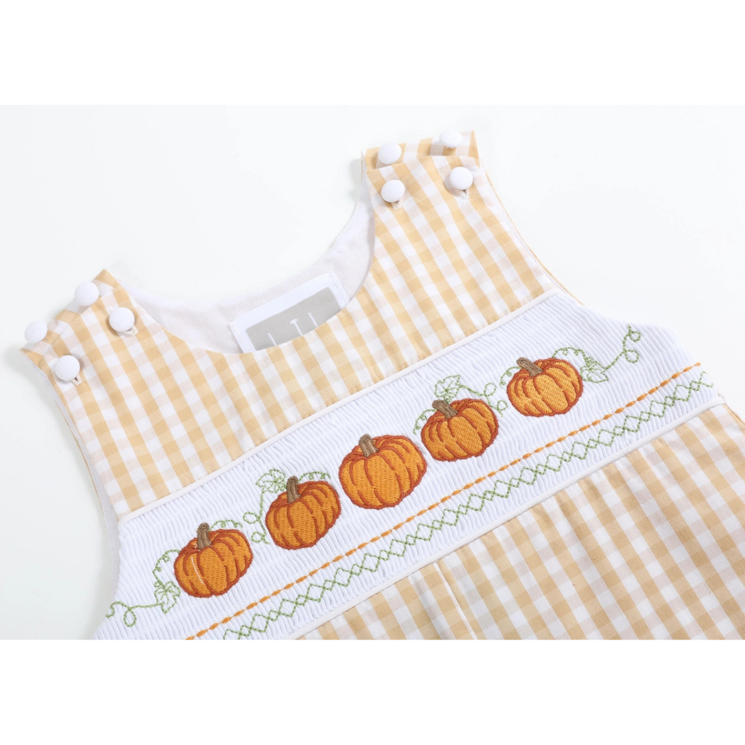 Light Brown Gingham Pumpkin Vine Overalls