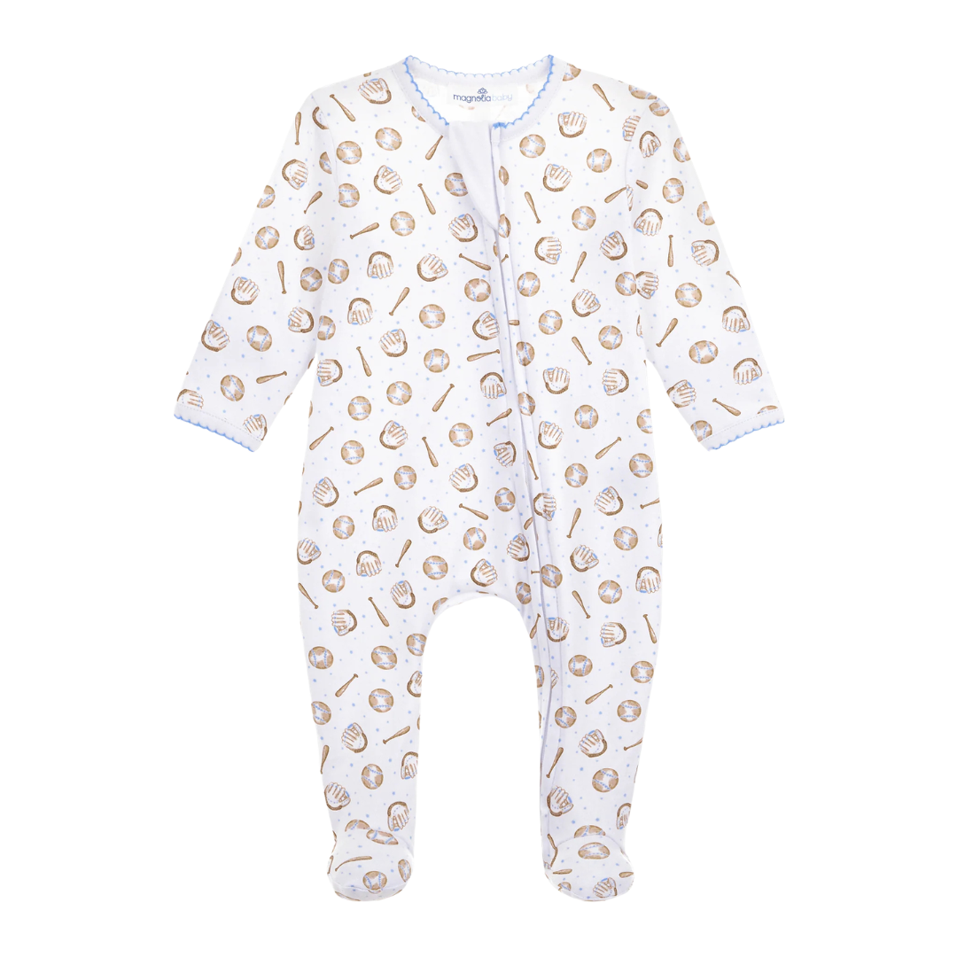 Precious Lil' Sluggers Print Zip Footie - Light Blue