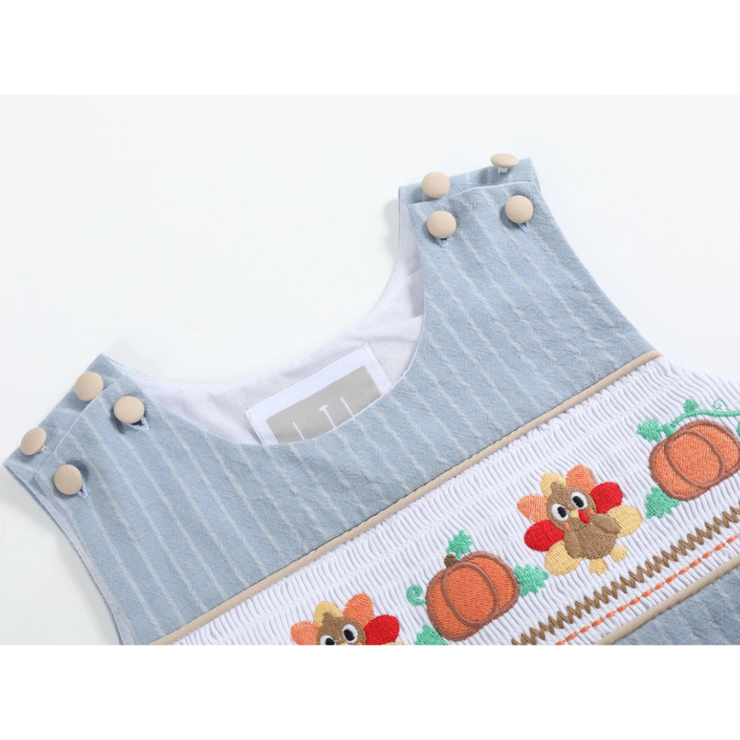 Light Blue Pinstripe Turkey Smocked Overalls