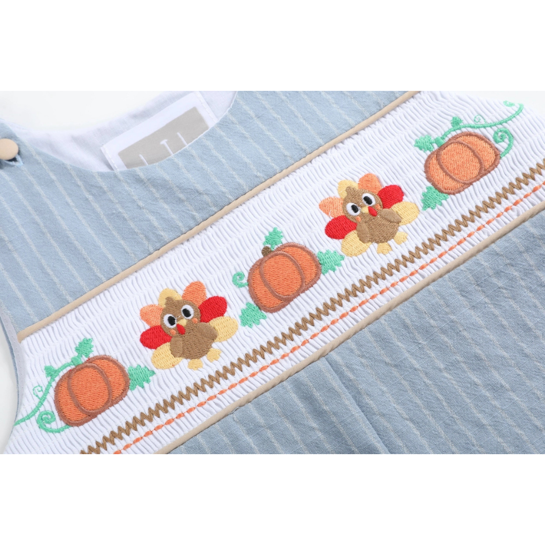 Light Blue Pinstripe Turkey Smocked Overalls