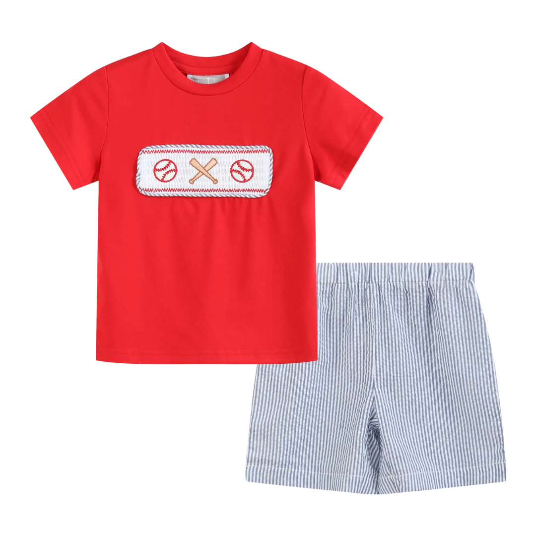 Red and Blue Baseball Smocked Shirt and Shorts Set