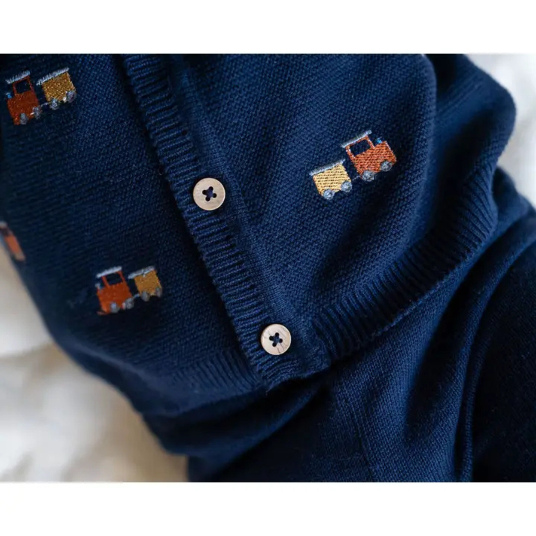 Train Embroidered Button Cardigan Baby Sweater