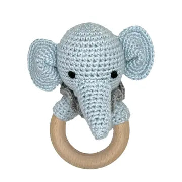 Elephant Bamboo Crochet Woodring Rattle - Blue