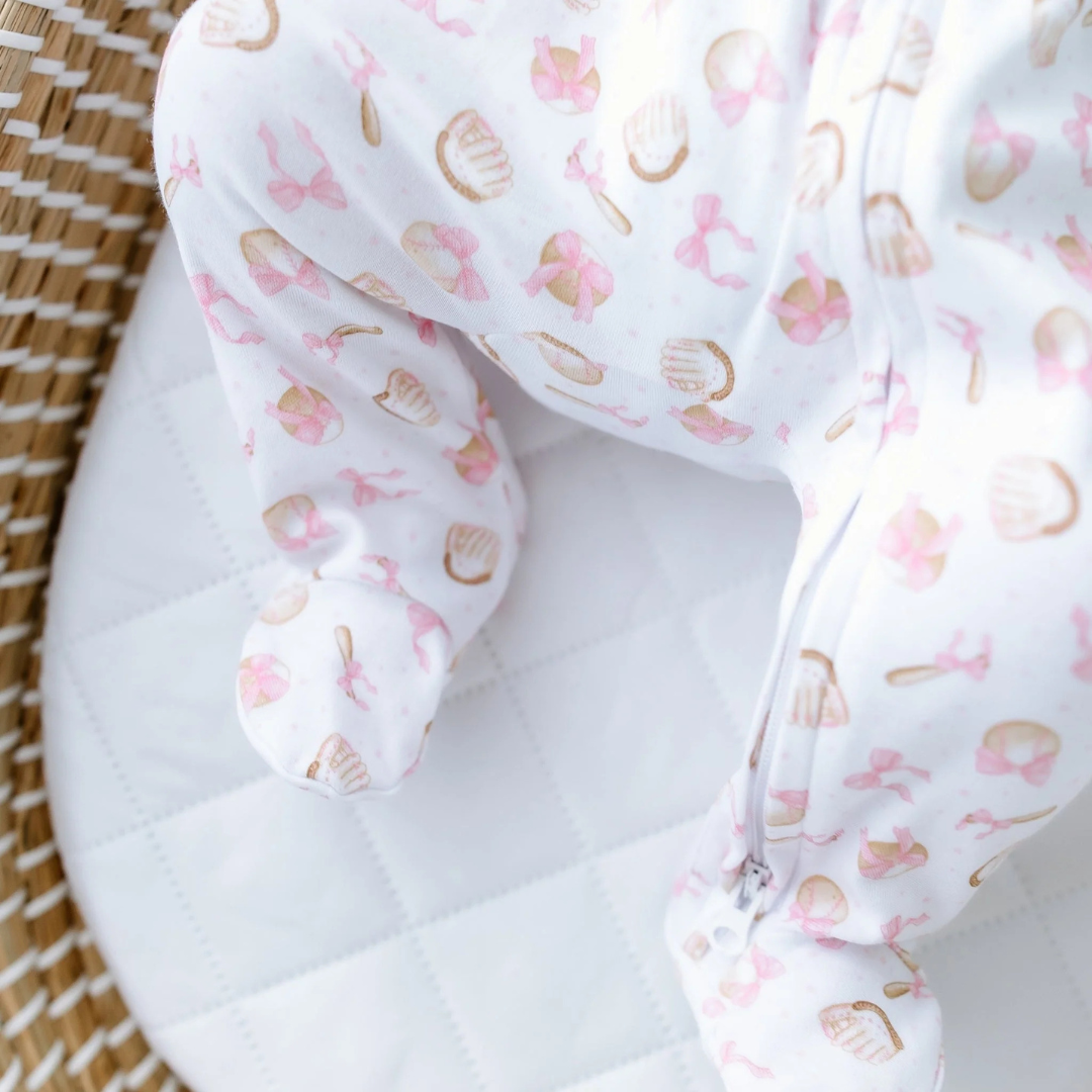 Precious Lil' Sluggers Print Zip Footie - Pink