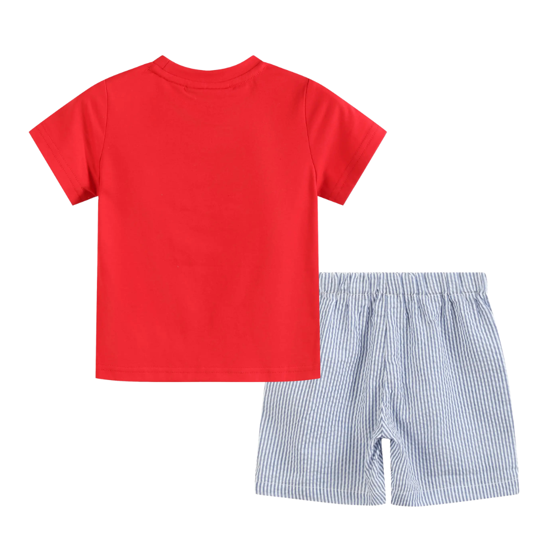 Red and Blue Baseball Smocked Shirt and Shorts Set