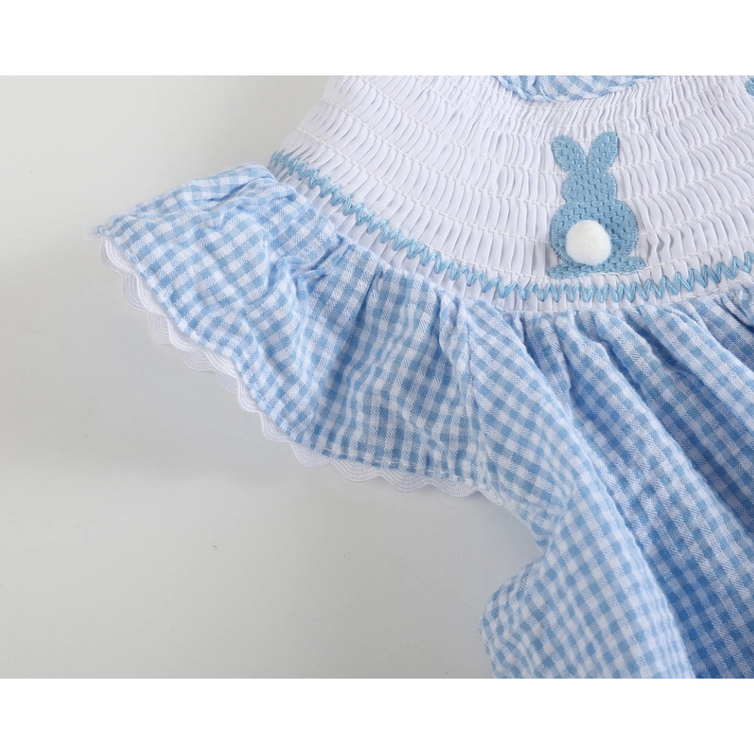 Blue Gingham Bunny Smocked Bishop Dress