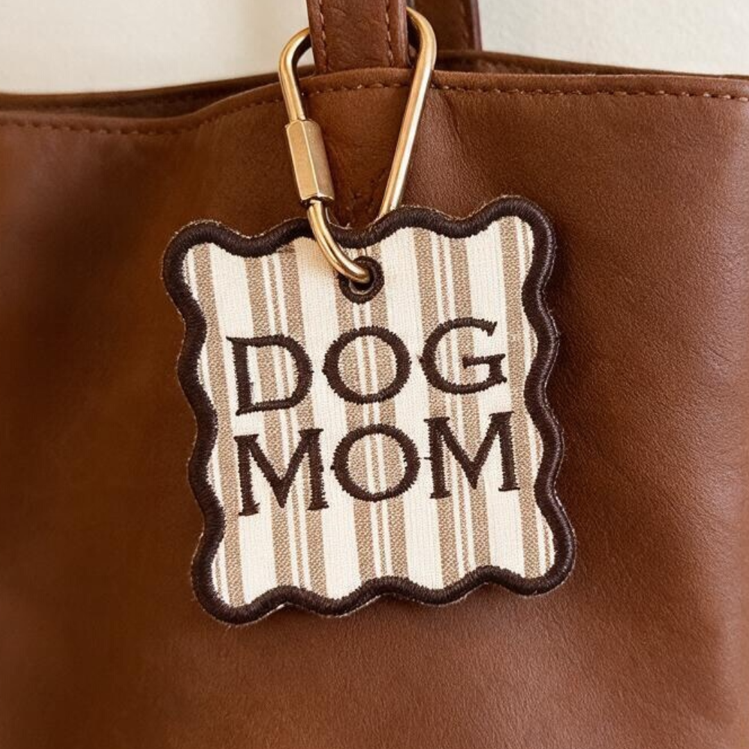 Brown and Cream Striped "Dog Mom" Embroidered Bag Tag