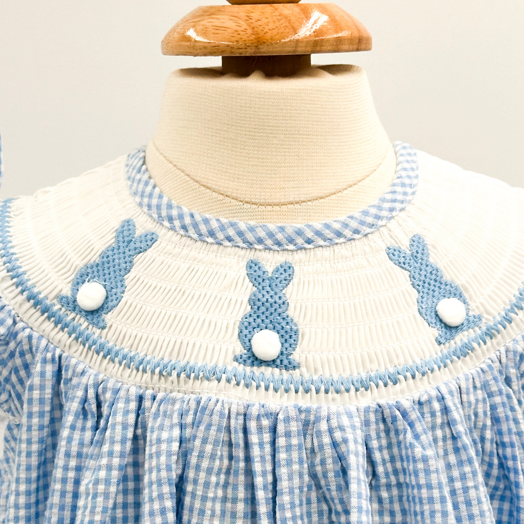 Blue Gingham Easter Bunny Smocked Bishop Dress