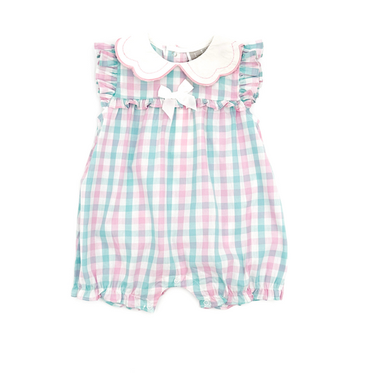 Pink and Turquoise Gingham Collared Romper