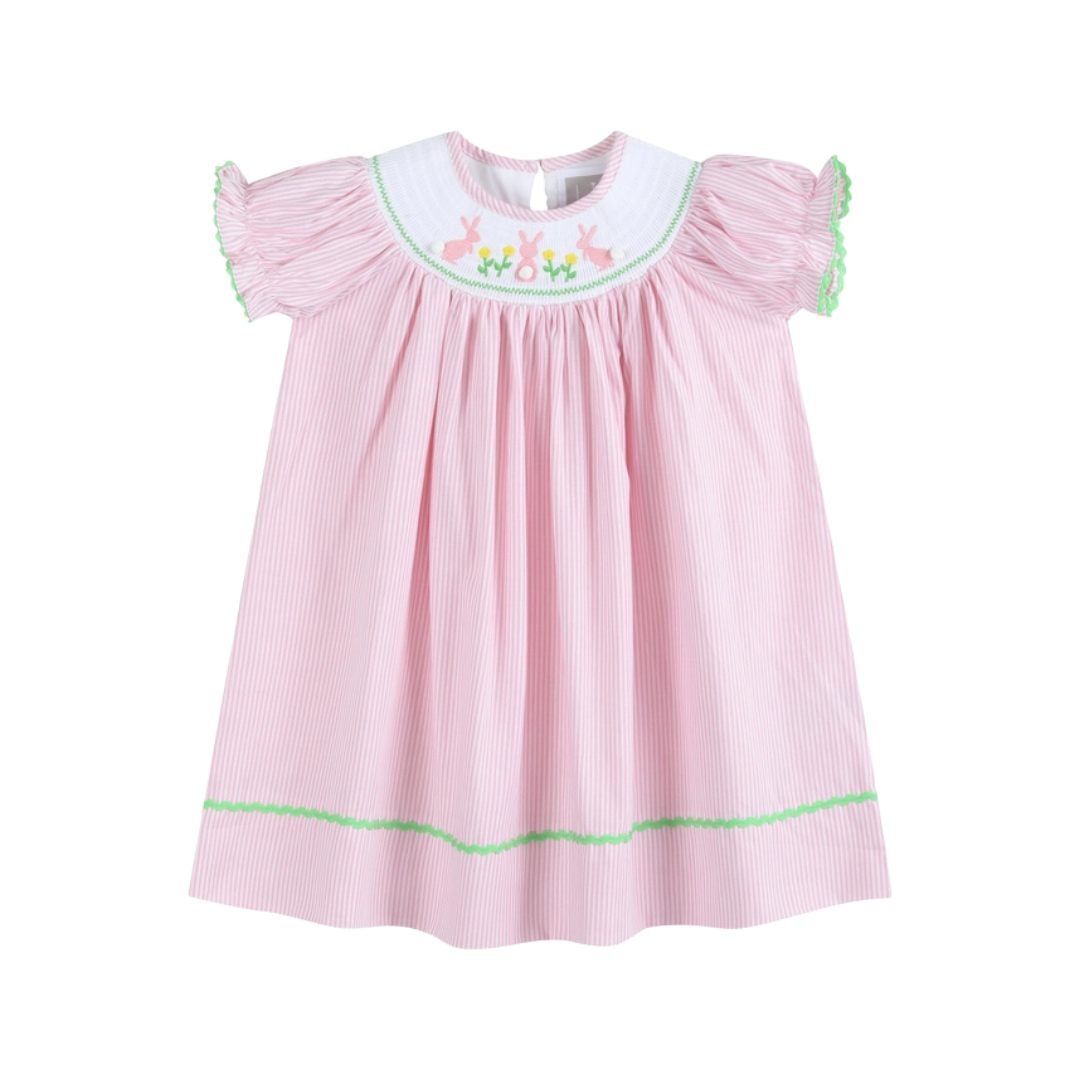 Pink Pinstripe Pom Pom Bunny Smocked Bishop Dress