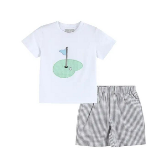 Gray Gingham Golf Tee and Shorts Two-Piece Set