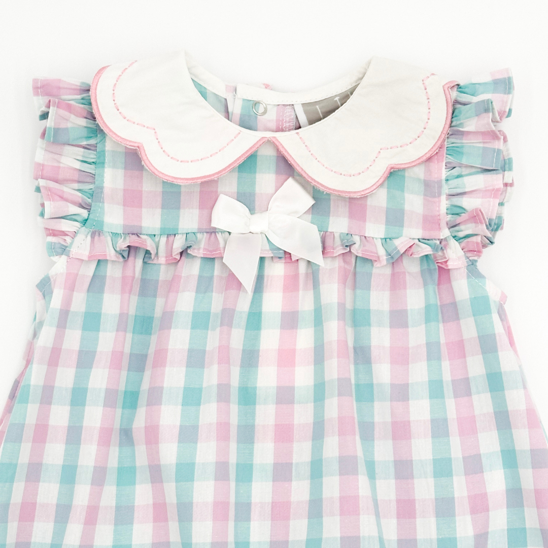 Pink and Turquoise GIngham Collared Romper