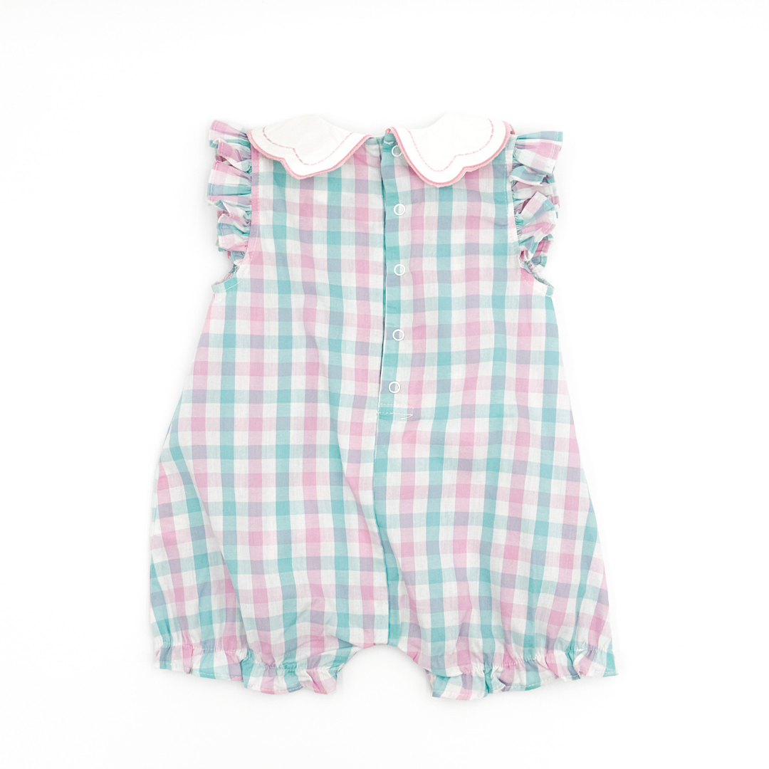 Pink and Turquoise GIngham Collared Romper
