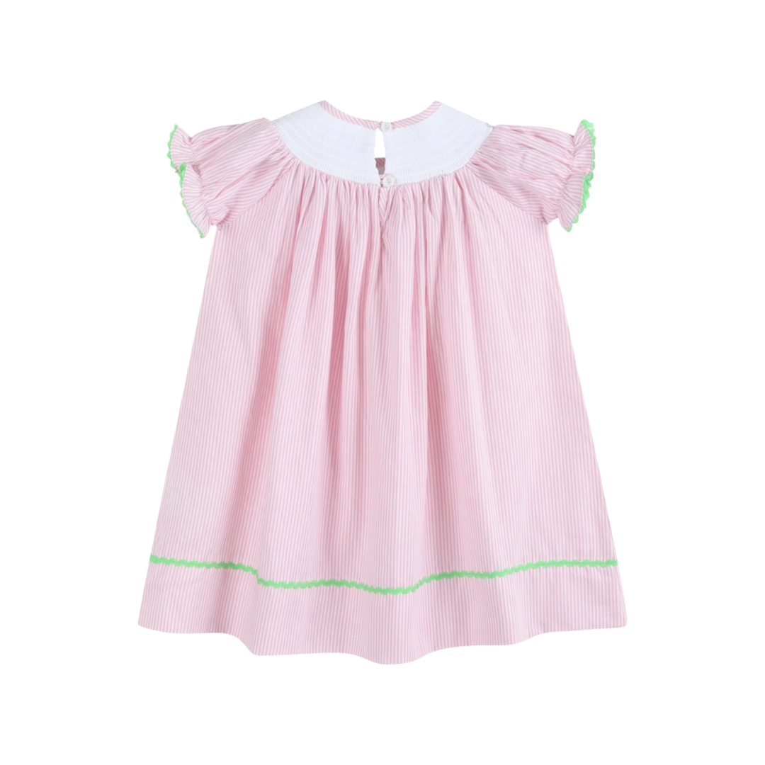 Pink Pinstripe Pom Pom Bunny Smocked Bishop Dress