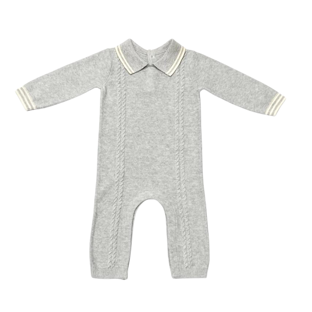 Gray Milan Knit Collar and Cable Baby Jumpsuit
