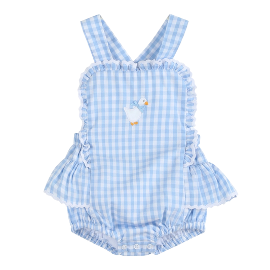 Blue Gingham Goose Lace Bow Ruffle Romper