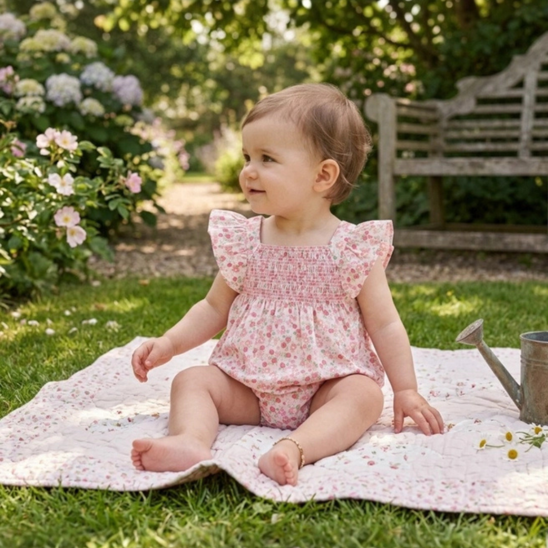 Floral Strawberry Smocked Flutter Romper