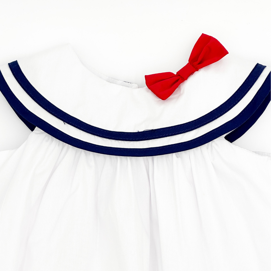 White and Navy Swing Dress with Bow