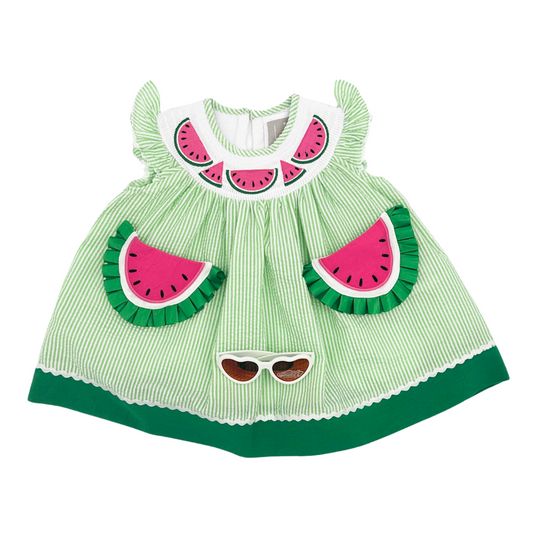 Green Seersucker Watermelon Smocked Bishop Dress