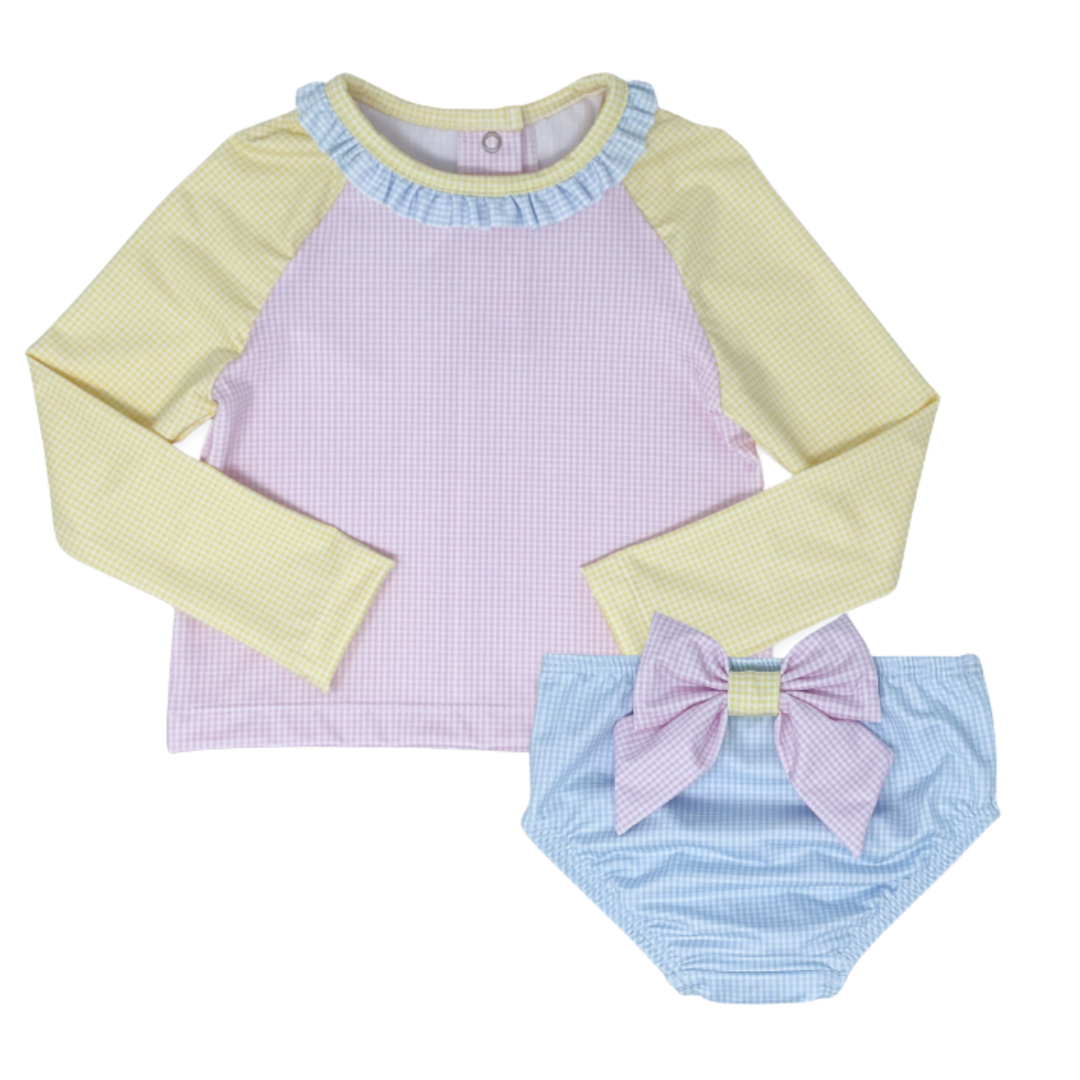 Sun & Sand Color Block Bathing Suit Set with Rash Guard